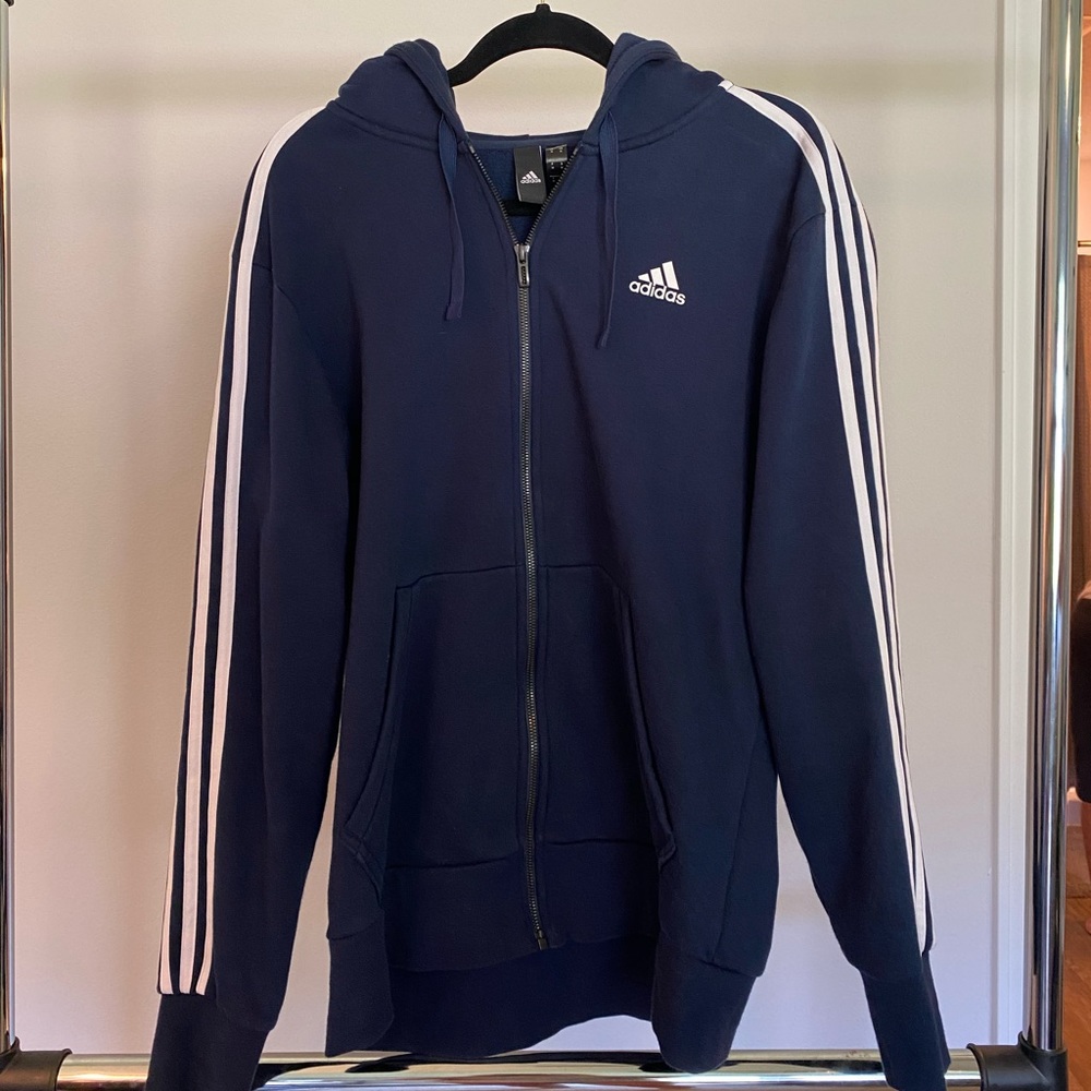 ADIDAS ESSENTIALS FLEECE 3-STRIPES FULL-ZIP HOODIE- Navy Blue, Men’s Medium